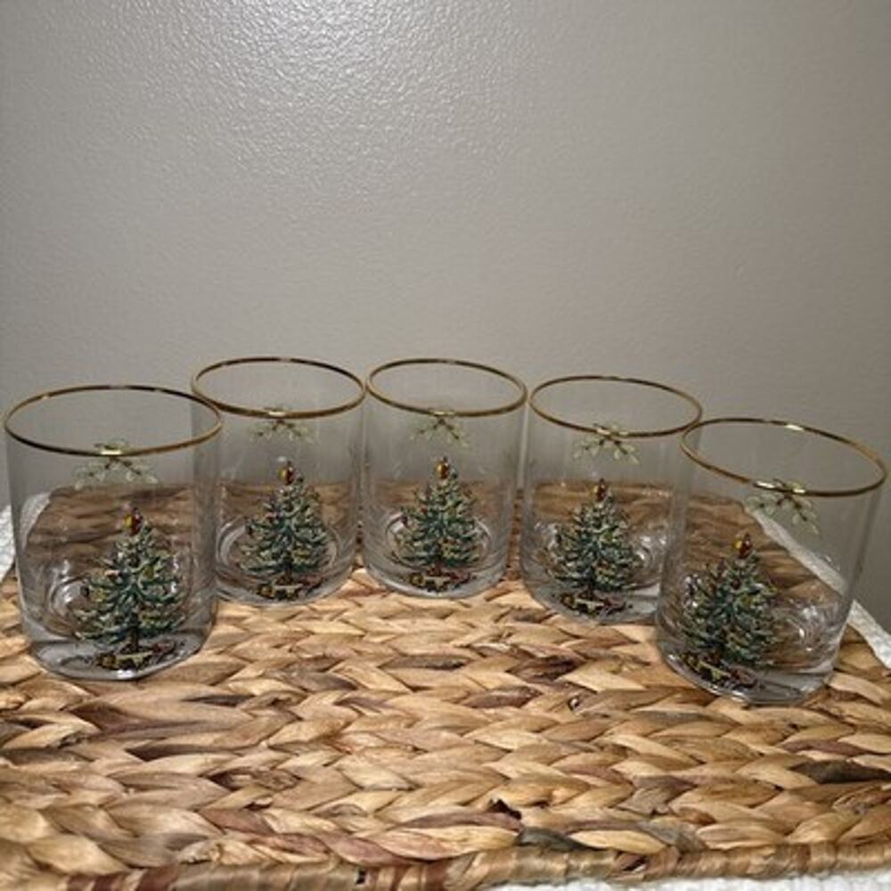 Spode Christmas Tree Double Old Fashioned Glasses Set of 5 14 oz Gold Rim DOF